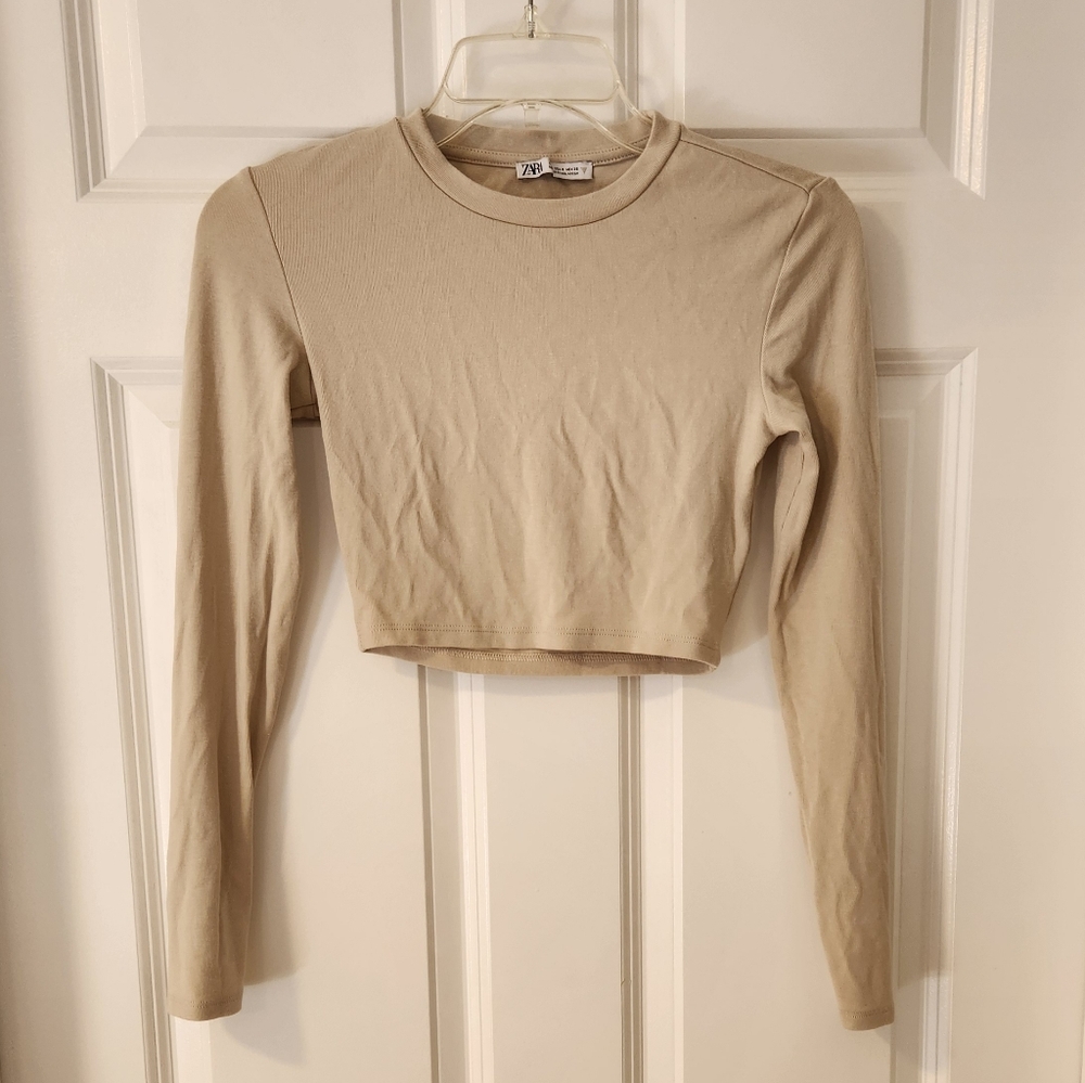Zara Beige Cotton/Modal Long Sleeve Neutral Minimalist Crop Top